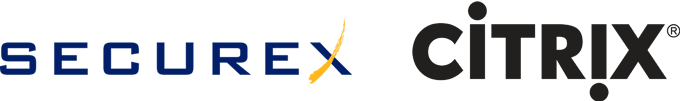 Securex Logo - Navy blue sans-serif type with yellow-orange swoosh on letter X and Citrix Logo - black sans-serif type