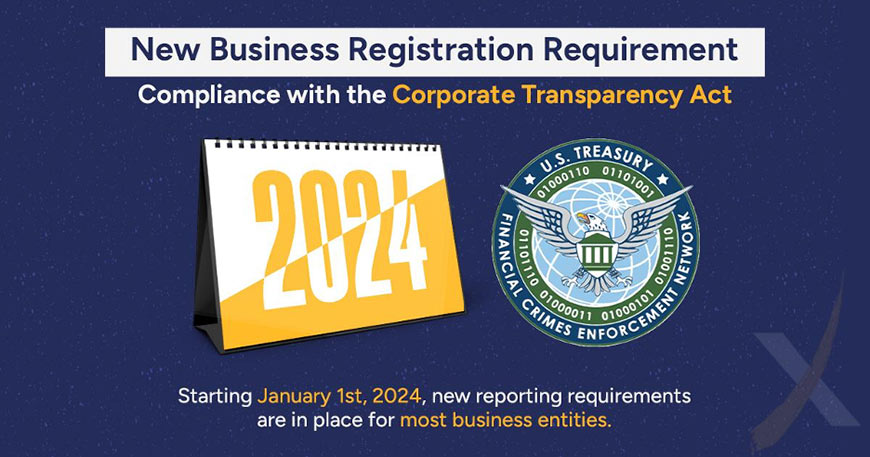 Graphic showing FinCen.gov New Business Registration Requirement with calendar and U.S. Treasury logo and sans-serif type over navy blue background